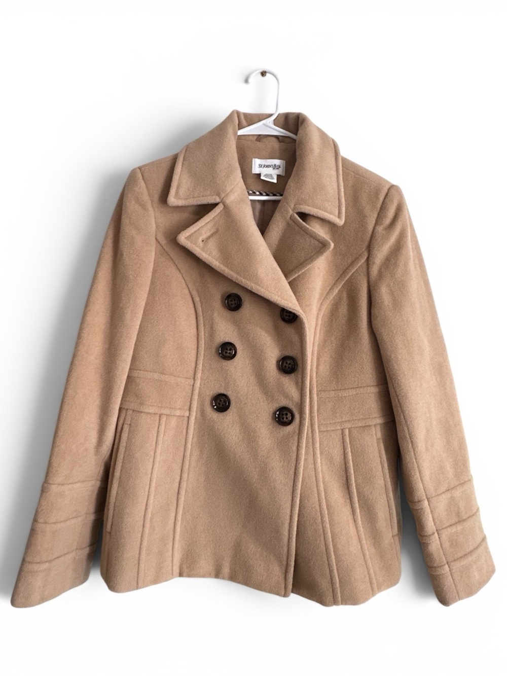 St Johns Bay Coat Women's Petite M Beige Wool Cashmere Double Breasted Pea Coat